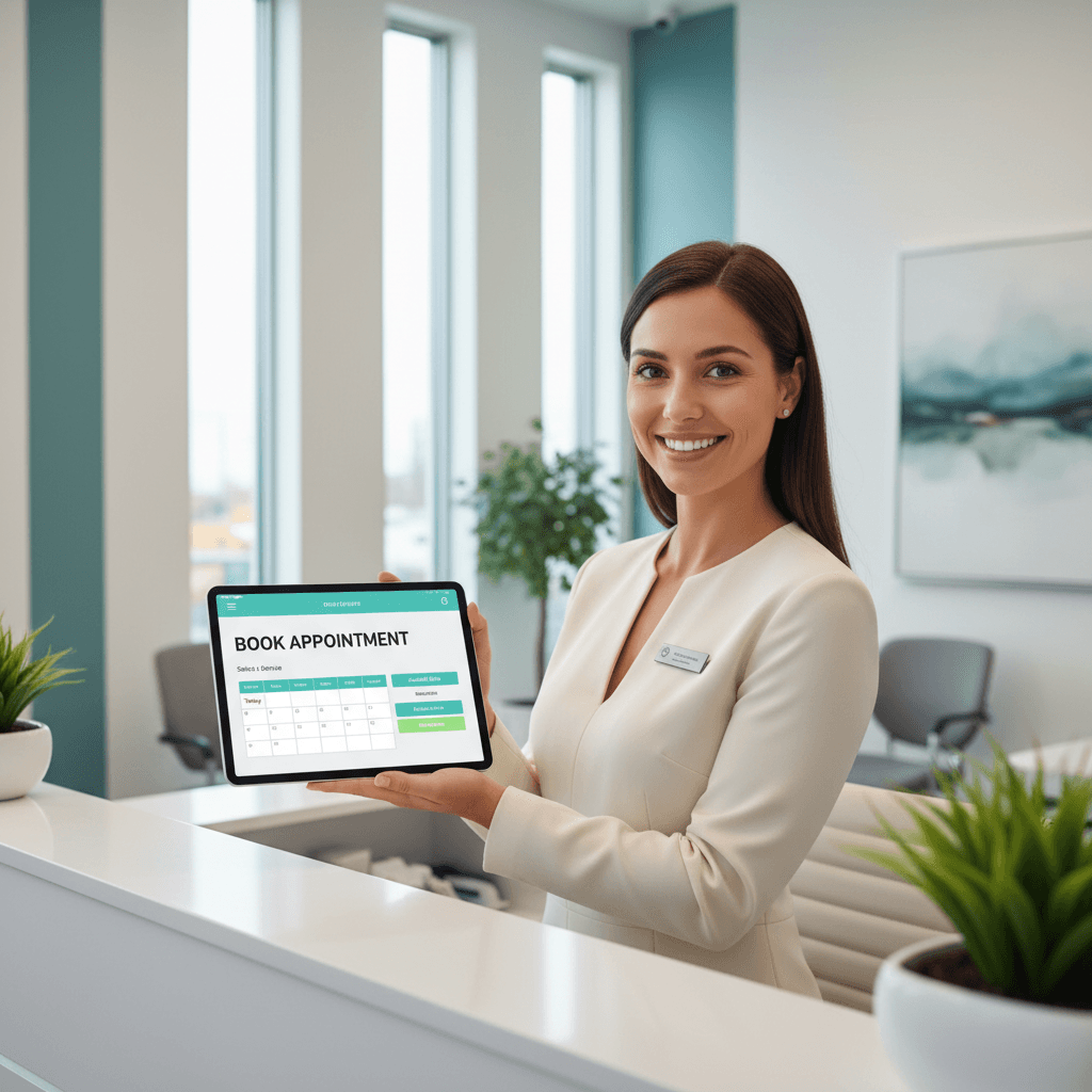 موظفة استقبال في عيادة تستخدم نظام حجز آلي