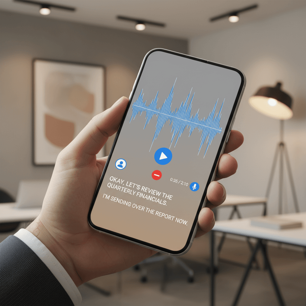 Smartphone screen showing voice conversation interface with waveforms and transcription text in professional's hand
