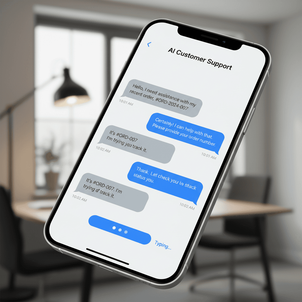 Close-up smartphone screen showing AI chatbot customer service conversation with chat bubbles and automated responses