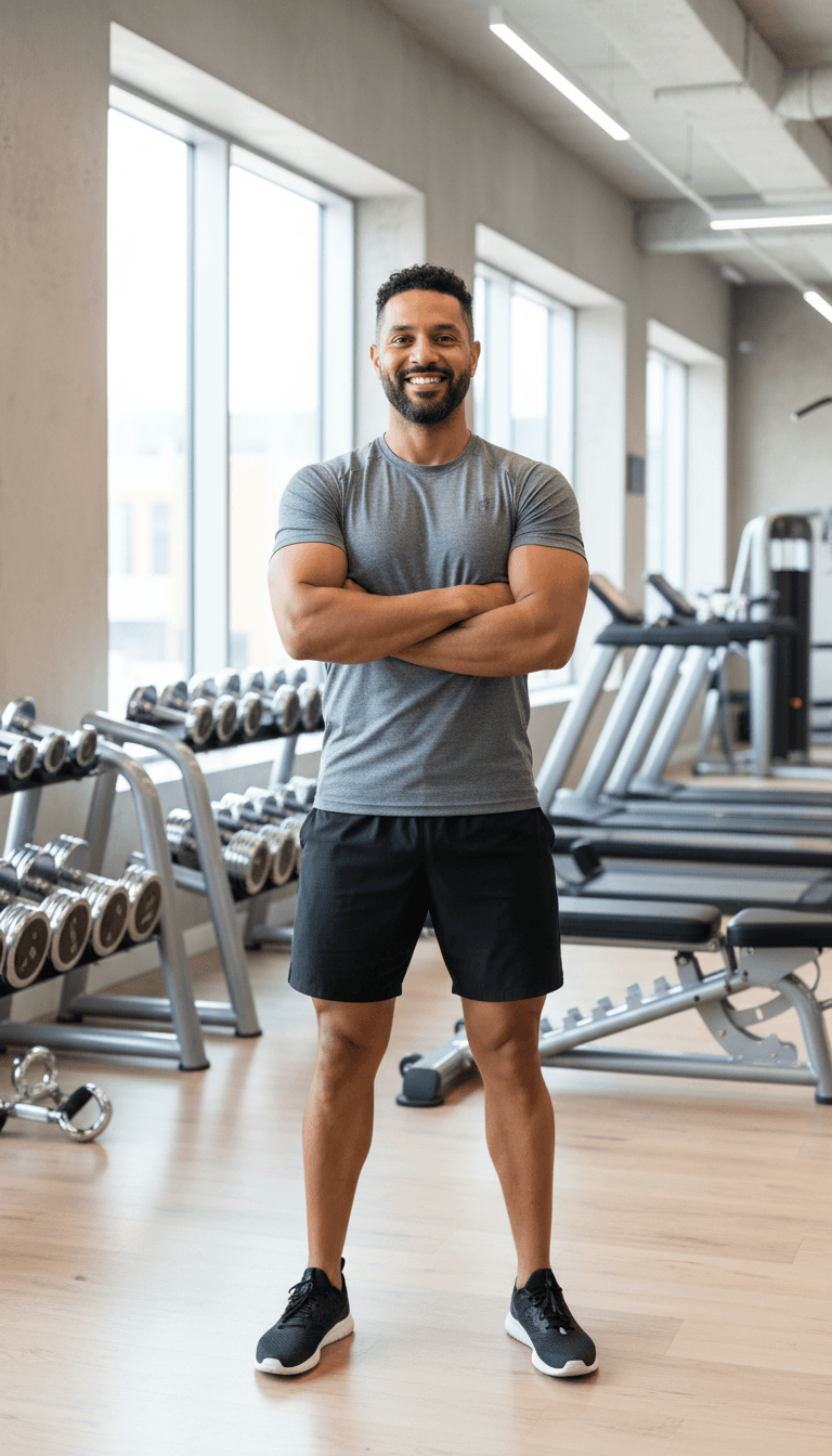 Confident male client standing proudly in fitness studio surrounded by training equipment