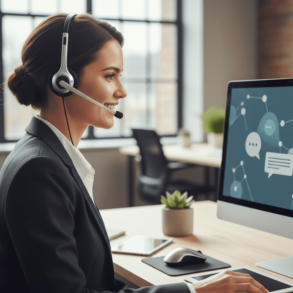 Professional woman wearing headset smiling at desk with computer during customer call in modern office