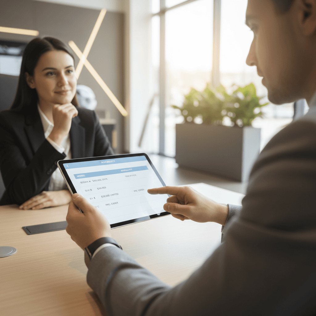 Sales representative and customer reviewing vehicle details on tablet during dealership consultation meeting