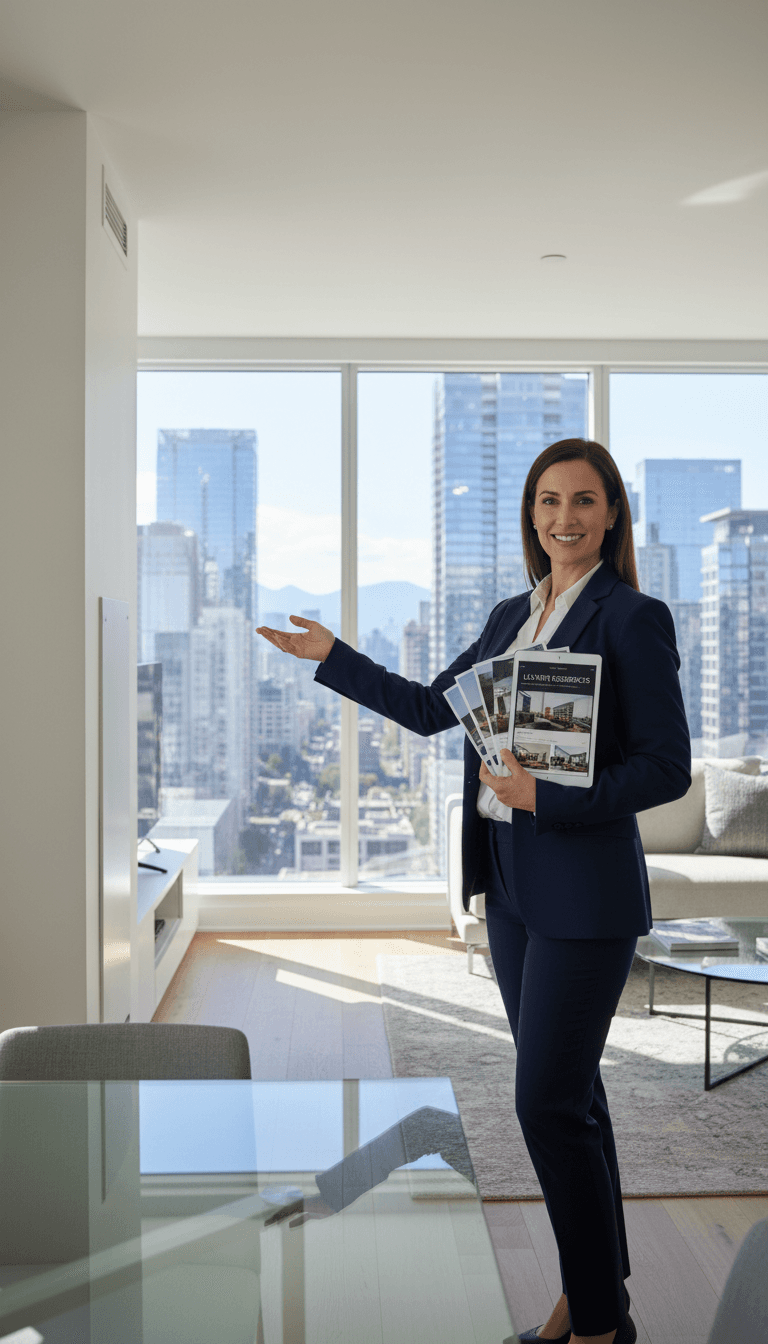 Real estate professional in modern apartment showroom gesturing toward city windows while holding property materials and tablet