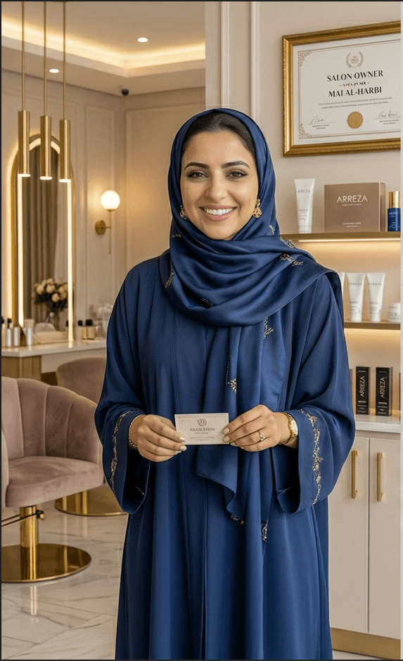 امرأة مبتسمة ترتدي عباءة وحجاباً باللون الأزرق، تحمل بطاقة عمل داخل صالون تجميل فاخر.