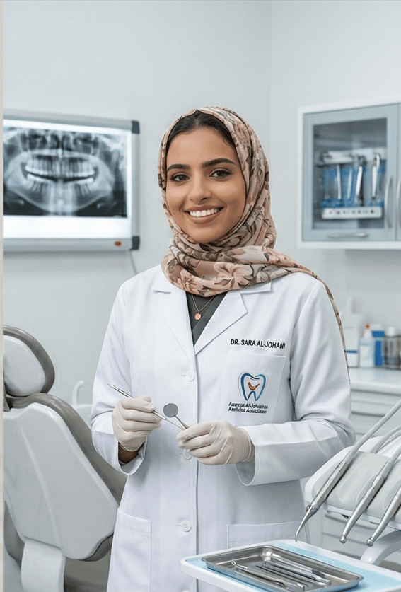 طبيبة أسنان محجبة تبتسم في عيادتها، ترتدي معطفاً أبيض وتحمل أدوات الفحص الطبي.