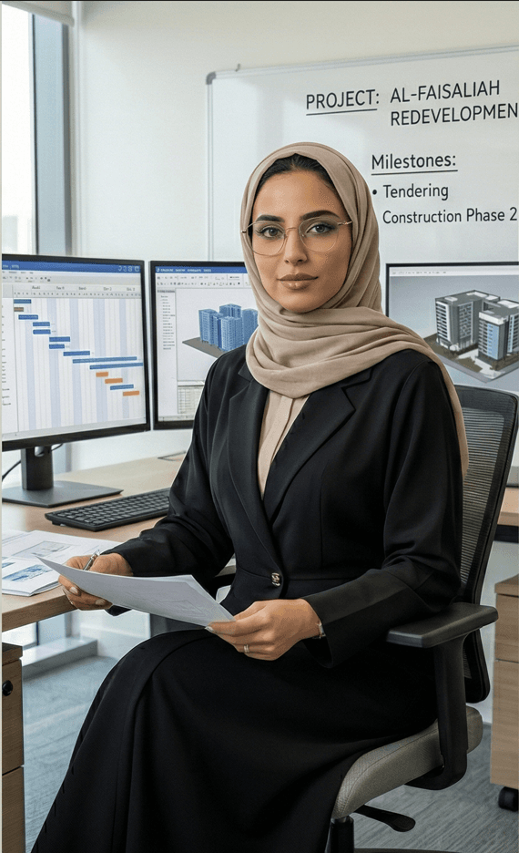 مهندسة ترتدي الحجاب تجلس في مكتبها أمام شاشات تعرض تصاميم معمارية وجداول زمنية للمشاريع.